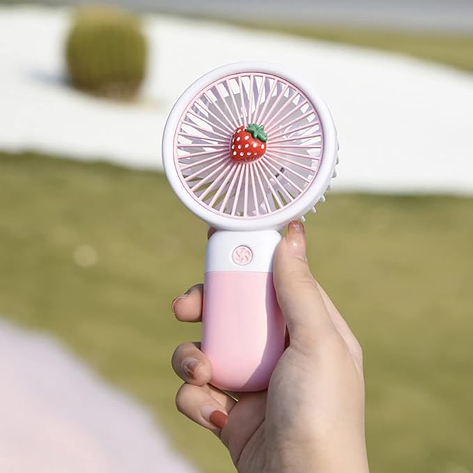 Mini Handheld Fan, USB Rechargeable Cartoon Strawberry Look Portable Fan with Removable Base for Home Office Outdoor